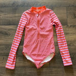 Mini Boden Striped Zip Up Rash Guard Swimsuit